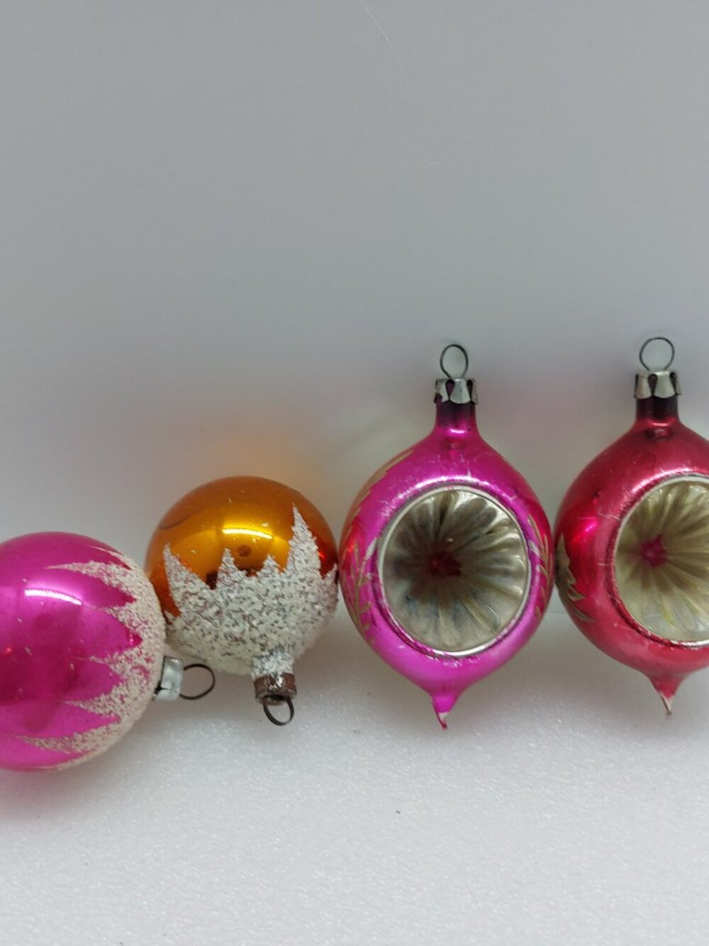 4 Small Vintage Glass Christmas Tree Ornaments Two Round & Two Teardrop Indents